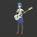 Anime Style Girl With Blue Hair Holding White Electric Bass Guitar In School Uniform Outfit