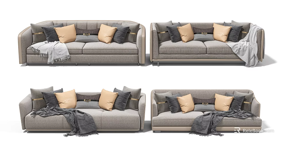 Modern Gray Sofa Set With Multiple Decorative Pillows And Cozy Throw Blanket 3d model