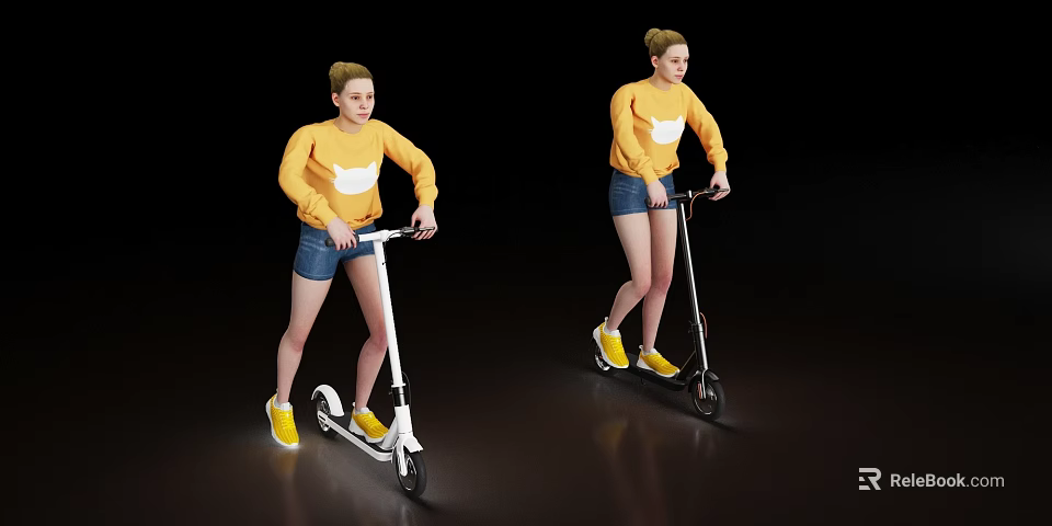People Riding White and Black Scooters in Yellow Sweaters and Denim Shorts 3d model 