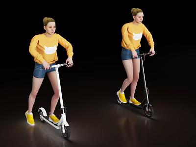 People Riding White and Black Scooters in Yellow Sweaters and Denim Shorts 3d model