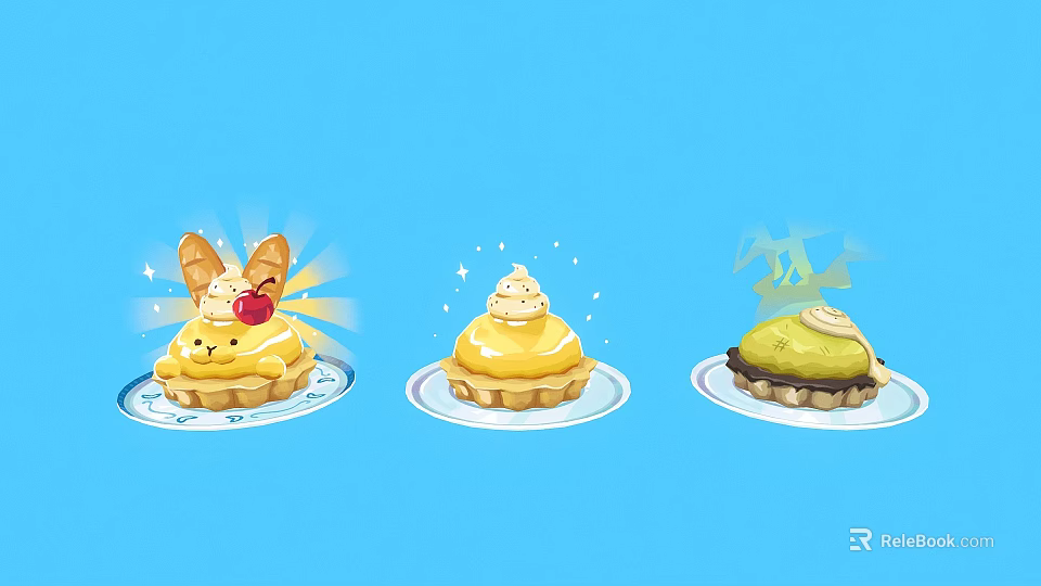 Three Different Decorated Dessert Tarts on Blue Background with Cartoon Style and Unique Toppings 3d model 