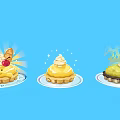 Three Different Decorated Dessert Tarts on Blue Background with Cartoon Style and Unique Toppings