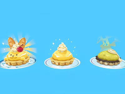 Three Different Decorated Dessert Tarts on Blue Background with Cartoon Style and Unique Toppings 3d model
