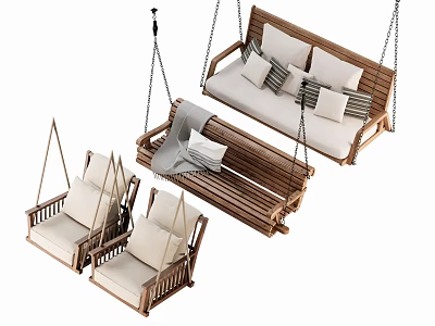Wooden Outdoor Swing Chairs With Comfortable Cushions And Cozy Garden Design 3d model
