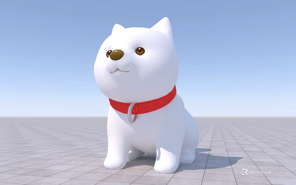 Inflatable White Dog Model With Red Collar On Blue Sky Ground Surface 3d model