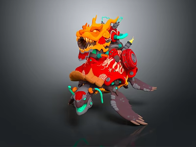 Fantasy Character Riding Mythical Dragon Creature With Orange Head Red Armor Green Claws And Swords 3d model
