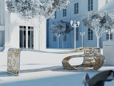 Modern Outdoor Chair with Unique Curved Shape Metal Frame and Patterned Seat for Park Plaza 3d model