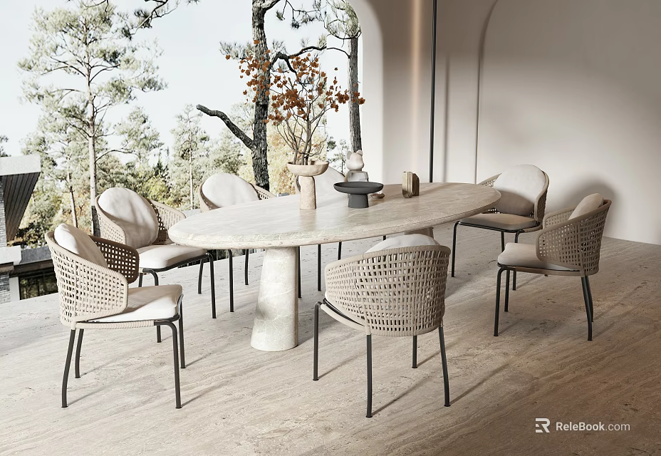 Elegant Outdoor Table With Woven Chairs Marble Top And Scenic Archway Trees View 3d model 