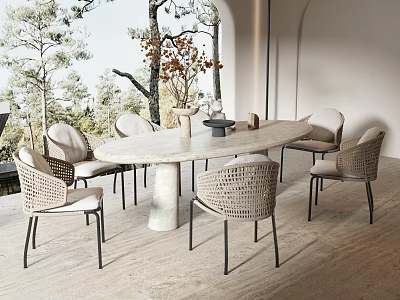 Elegant Outdoor Table With Woven Chairs Marble Top And Scenic Archway Trees View 3d model