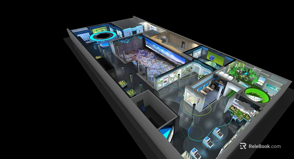 Modern Tech Exhibition Hall 3D Design With Interactive Screens Display Booths And Green Areas 3d model 