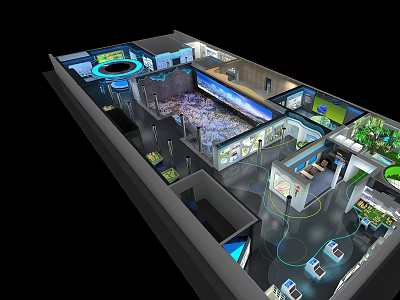 Modern Tech Exhibition Hall 3D Design With Interactive Screens Display Booths And Green Areas 3d model