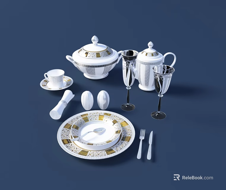 Elegant White Tableware Set With Gold Trim Teacup Saucer Teapot Goblets And Cutlery 3d model 