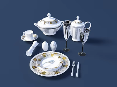 Elegant White Tableware Set With Gold Trim Teacup Saucer Teapot Goblets And Cutlery 3d model