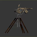 Antique Weapons Featuring Wooden Tripod Stands And Metal Barrels With Central Component