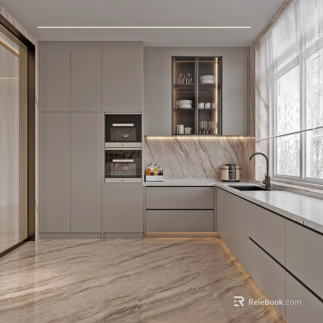 Modern Kitchen Interior With Gray Cabinets Marble Countertops Built-in Appliances And Glass-front Cabinet 3d model 
