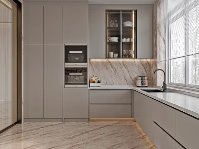 Modern Kitchen Interior With Gray Cabinets Marble Countertops Built-in Appliances And Glass-front Cabinet 3d model