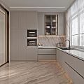 Modern Kitchen Interior With Gray Cabinets Marble Countertops Built-in Appliances And Glass-front Cabinet