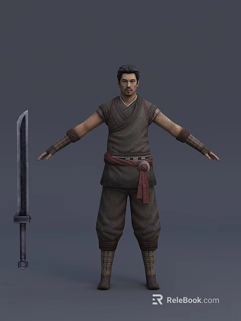 Detailed 3D Model of Male Warrior in Traditional Attire with Long Sword and Arm Wraps 3d model 
