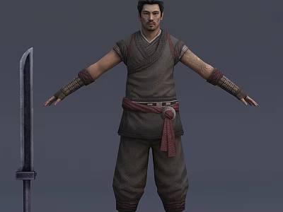 Detailed 3D Model of Male Warrior in Traditional Attire with Long Sword and Arm Wraps 3d model