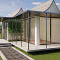 Modern Guesthouse Building With Tiled Roof Large Glass Doors Terrace Green Plants Lawn And Steps