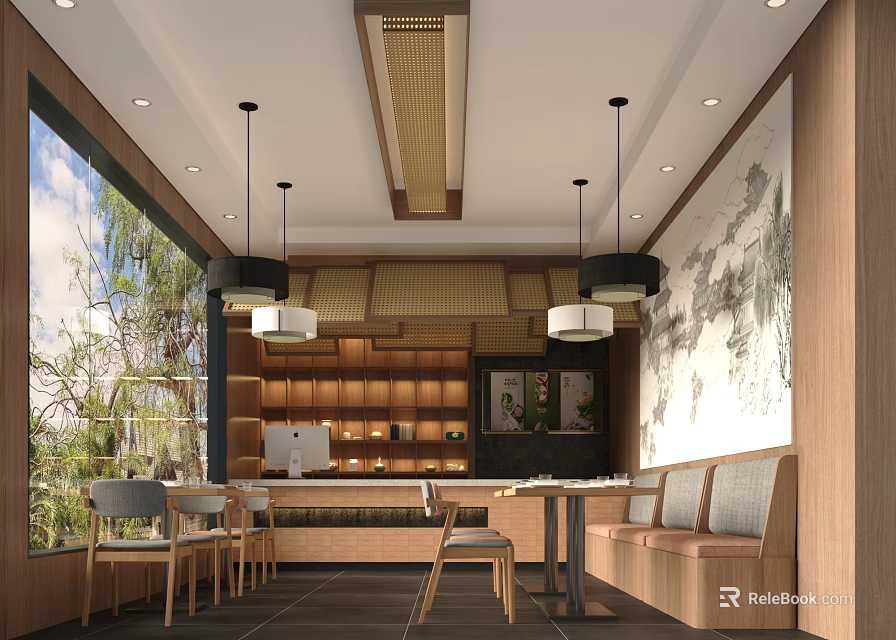 Cozy Bubble Tea Shop Interior With Wooden Shelves Hanging Lamps And Comfortable Seats 3d model 