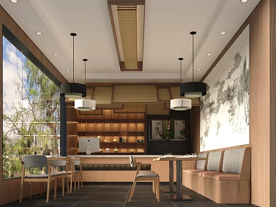 Cozy Bubble Tea Shop Interior With Wooden Shelves Hanging Lamps And Comfortable Seats 3d model