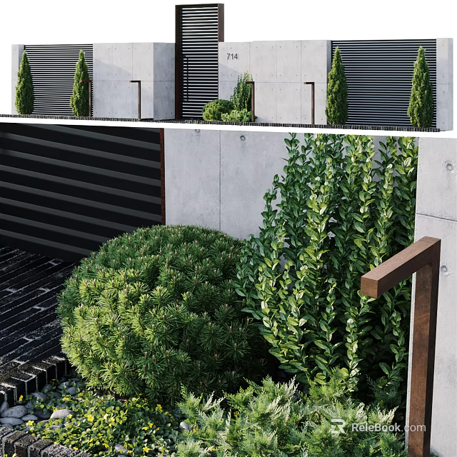 Modern Black Fence With Concrete Wall Green Shrubs And Wooden Railing In Outdoor Garden 3d model 