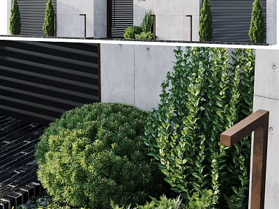 Modern Black Fence With Concrete Wall Green Shrubs And Wooden Railing In Outdoor Garden 3d model