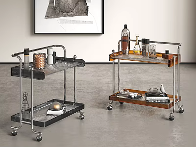 Modern Mobile Shelving Cart With Metal Frame Glass Wooden Multiple Shelves For Home Decor 3d model