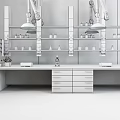 Modern Laboratory Setup With Lab Bench Shelves Reagent Bottles And Equipment