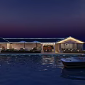 Waterfront Boutique Hotel Building With Modern Design Night View And Dock Boats
