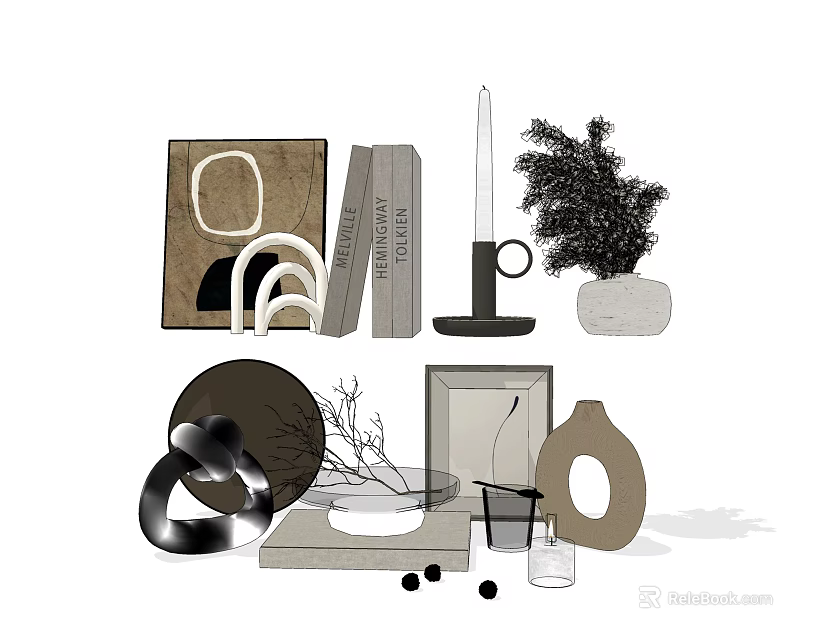 Modern Minimalist Decorative Ornament Set With Books Candle Plant Plate And Vases 3d model 