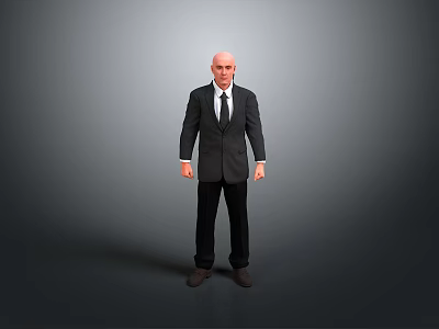 Bald Man in Black Suit and Tie Standing Against Gray Background 3d model