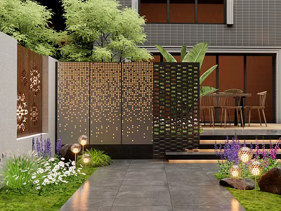 Modern Perforated Garden Wall With Outdoor Greenery Flowers Steps And Decorative Lighting 3d model