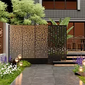 Modern Perforated Garden Wall With Outdoor Greenery Flowers Steps And Decorative Lighting