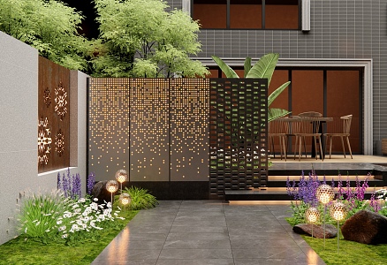 Modern courtyard landscape wall entrance landscape wall courtyard garden flowers and plants outdoor tables and chairs landscape trees plant landscape weather resistant steel 3d model