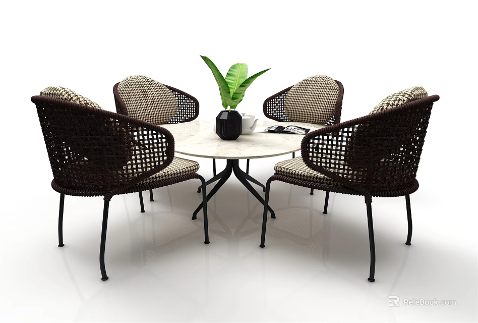 Round White Table and Wicker Chairs Set with Green Plant in Vase 3d model 
