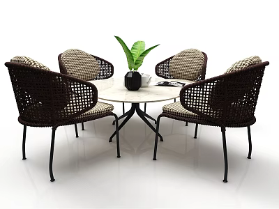 Round White Table and Wicker Chairs Set with Green Plant in Vase 3d model