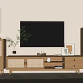 Natural Wooden TV Stand With Storage Drawers TV And Decorative Plant