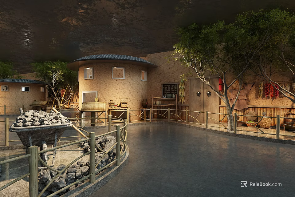 Cultural Center Featuring Circular Mud Brick Building Dark Roof Surrounding Trees And Wooden Fences 3d model 