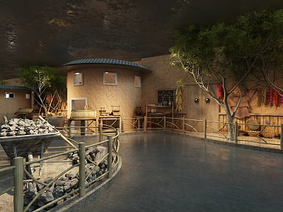 Cultural Center Featuring Circular Mud Brick Building Dark Roof Surrounding Trees And Wooden Fences 3d model