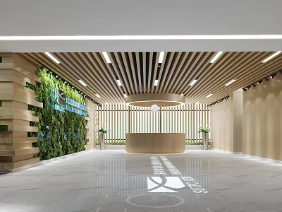 Modern Front Desk Reception Area With Wooden Slat Ceiling Green Plant Wall And Circular Counter 3d model