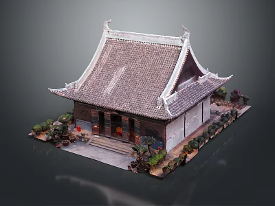 Traditional Ancient Architecture Model With Tile Roof Overhanging Eaves And Surrounding Greenery 3d model