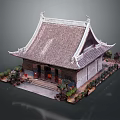 Traditional Ancient Architecture Model With Tile Roof Overhanging Eaves And Surrounding Greenery