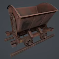Vintage Rusty Mine Cart With Metal Wheels On Wooden Tracks