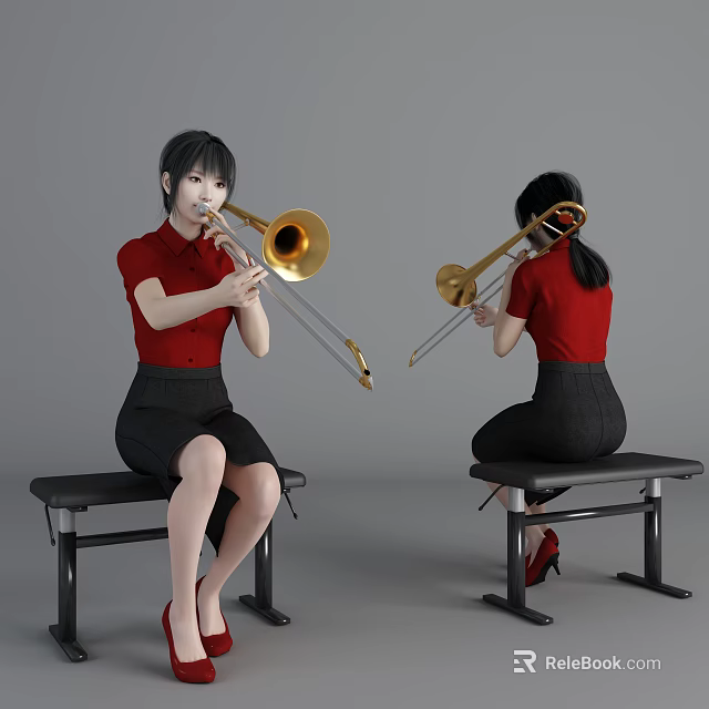Woman in Red Top and Black Skirt Playing Trombone Sitting on Bench 3d model 