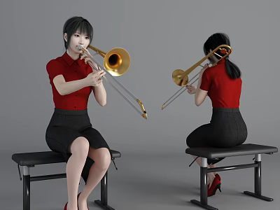 Woman in Red Top and Black Skirt Playing Trombone Sitting on Bench 3d model