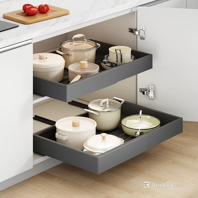 Organized Modern Kitchen Cookware Stored In Tiered Drawers With Pots And Lids 3d model 