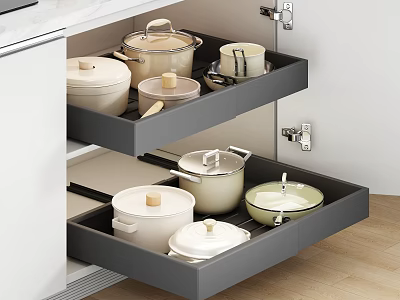 Organized Modern Kitchen Cookware Stored In Tiered Drawers With Pots And Lids 3d model