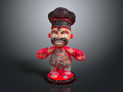 Cartoon Chef Figurine With Tall Hat Big Mustache Red Body And Base 3d model